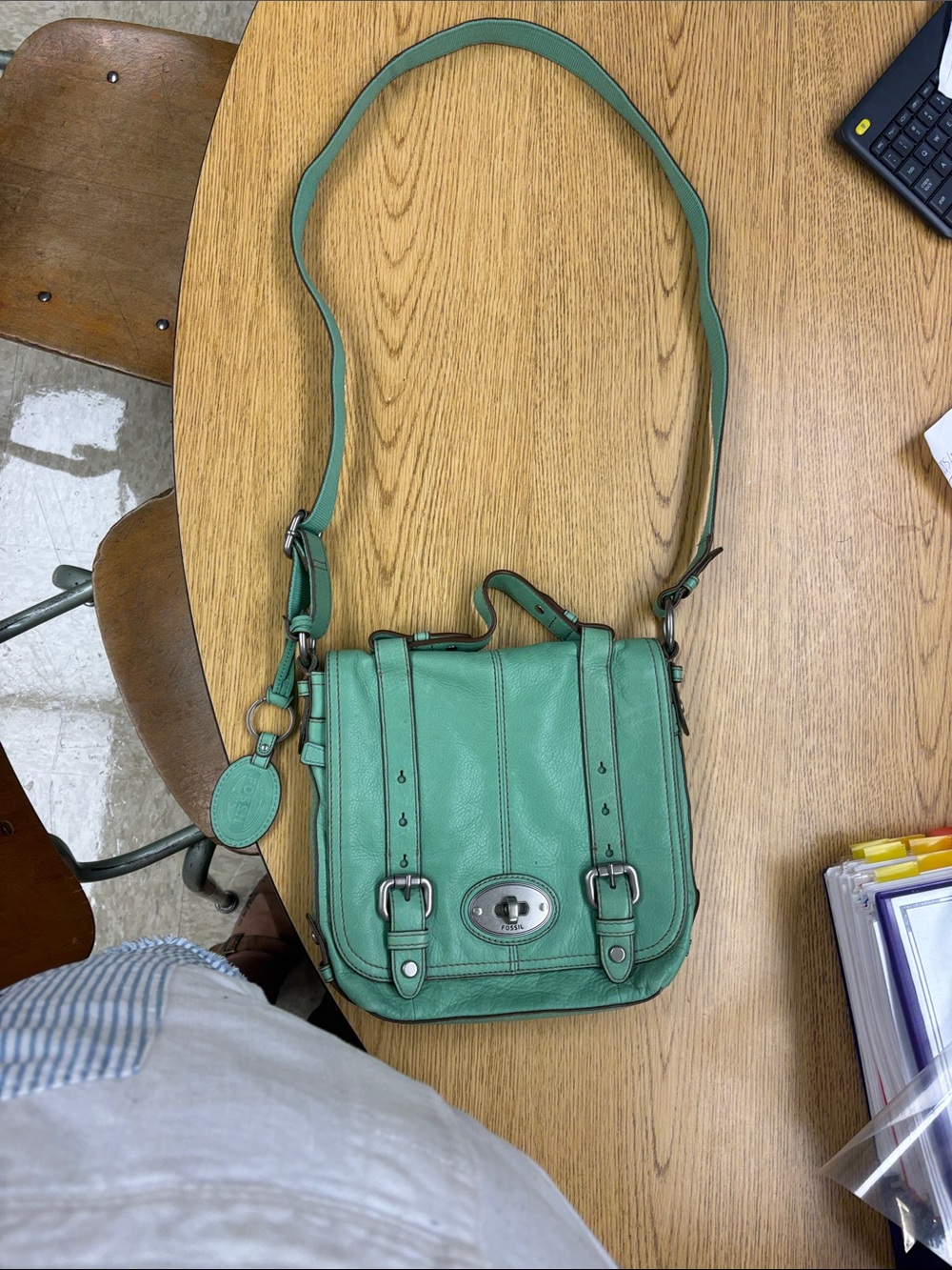 Fossil Green Leather Crossbody Satchel